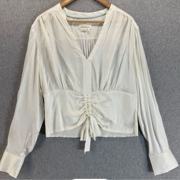 Anthropologie Tops - Anthropologie Satin White Blouse Tie Ruched Large